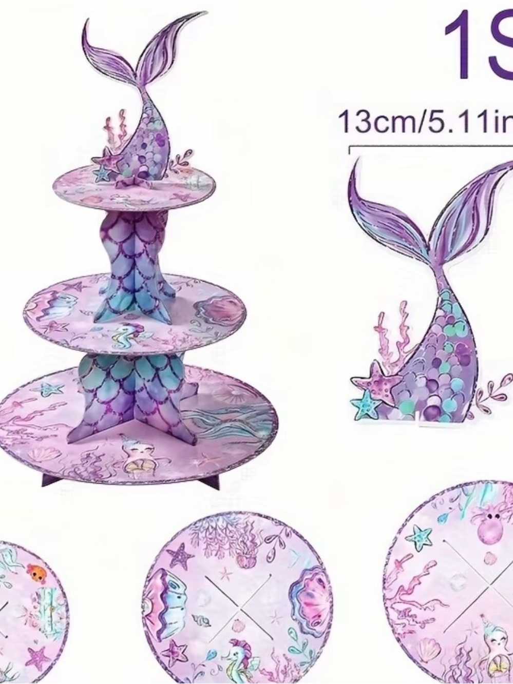 Mermaid Themed 3-Tier Purple Party Cupcake Stand